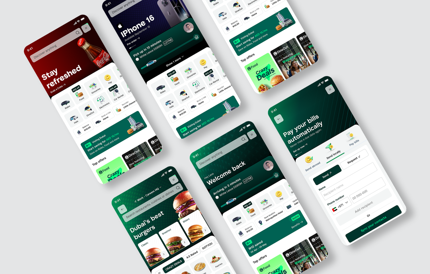 Careem super-app screens across verticals